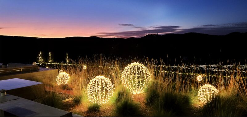 Outdoor shop of Cuvasion's vineyard with string lights