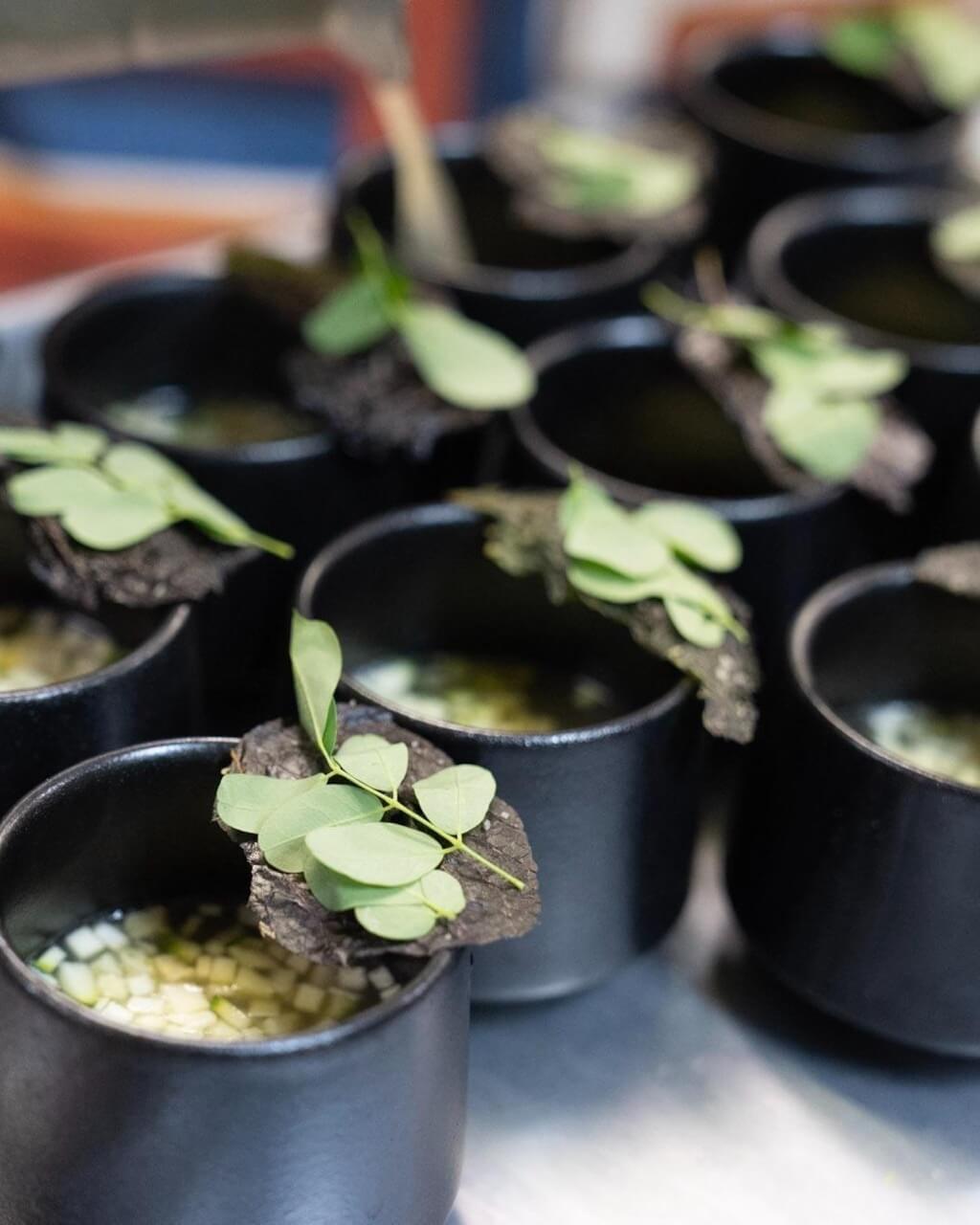 Several stoneware teacups lined up and plated with a broth dish