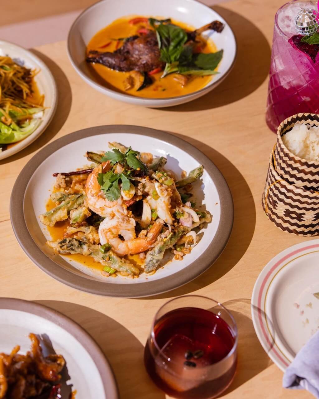 Food spread with dishes and drinks