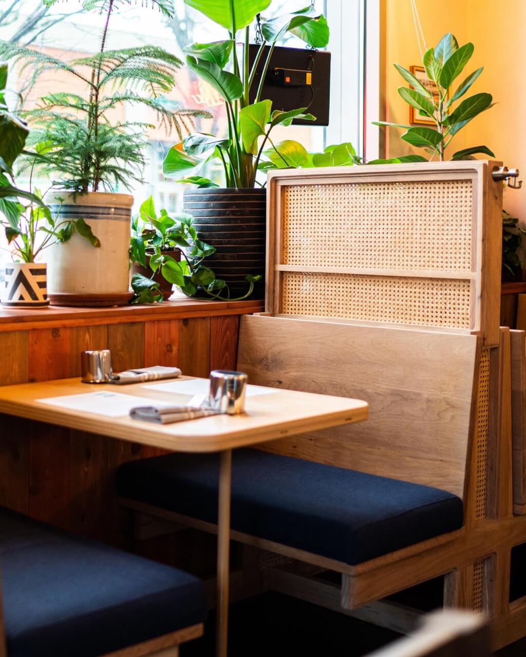 Small booth table against the window ledge full of plants