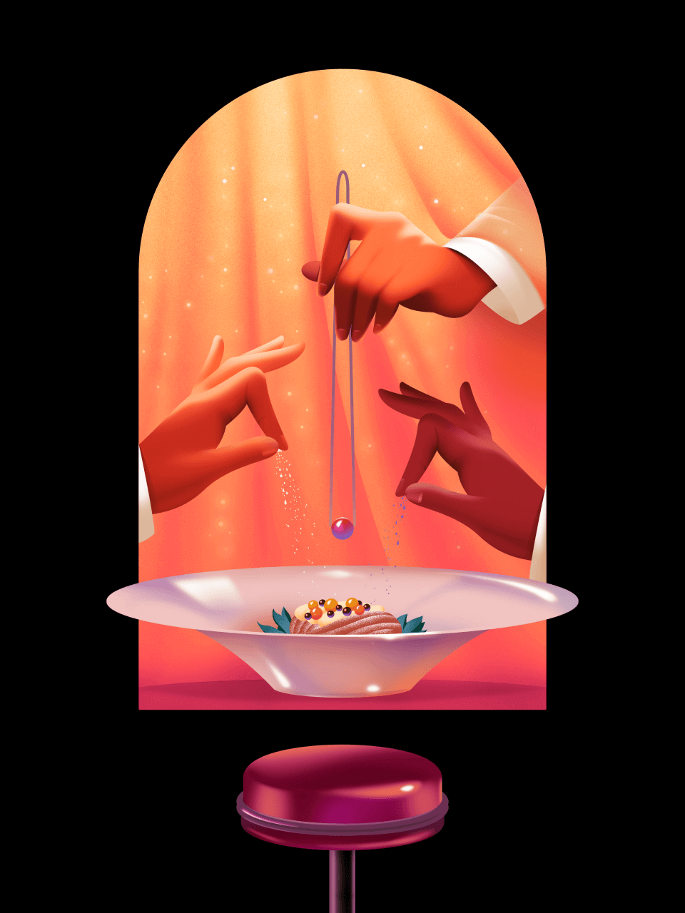 Illustration of a dish being carefully plated by three hands framed in an arch with dramatic curtains in the background and a stool in the foreground.