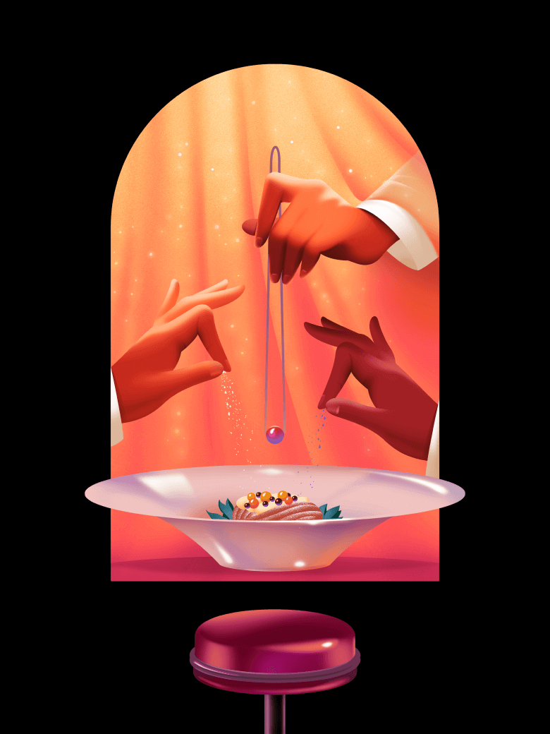 Illustration of a dish being carefully plated by three hands framed in an arch with dramatic curtains in the background and a stool in the foreground.