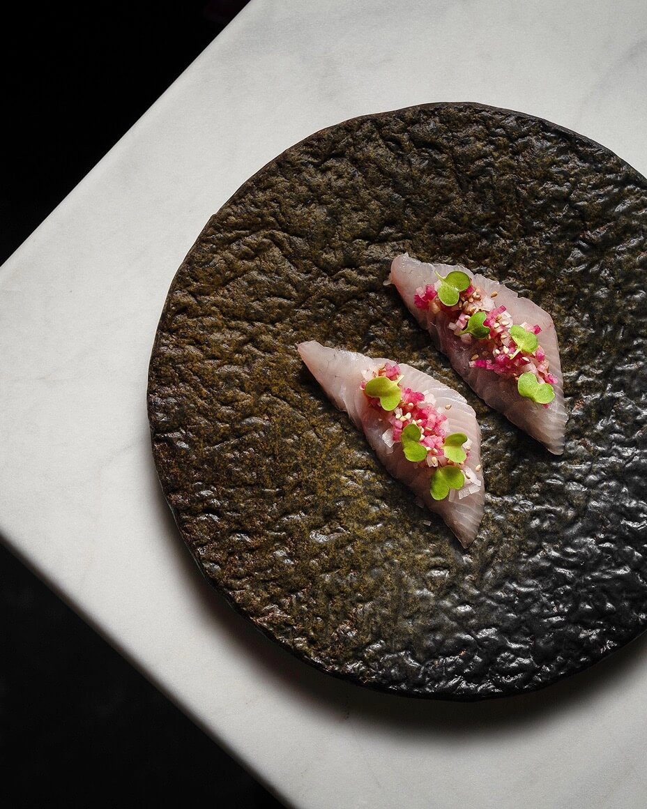 Plated Amberjack sashimi dish