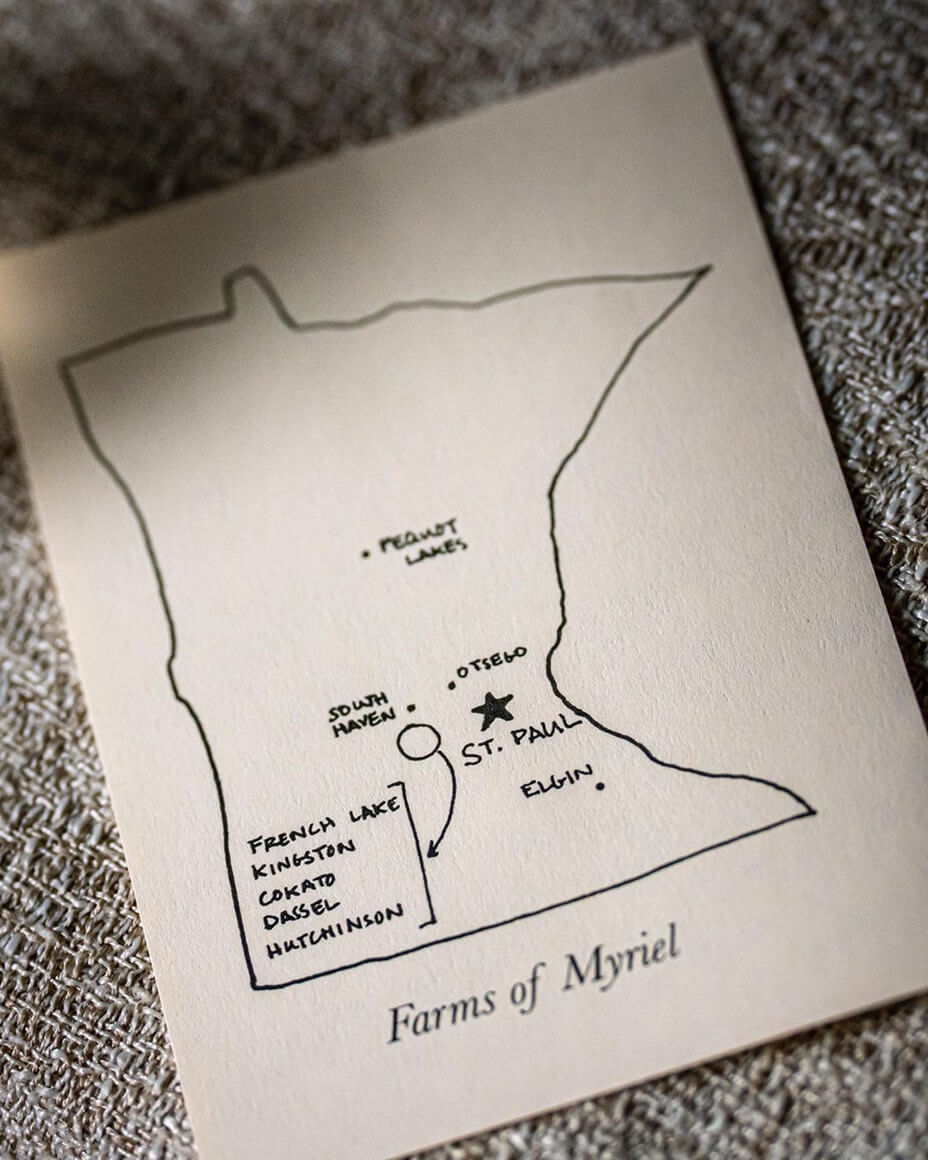 Map of Minnesota with locations of farms that Myriel sources ingredients from