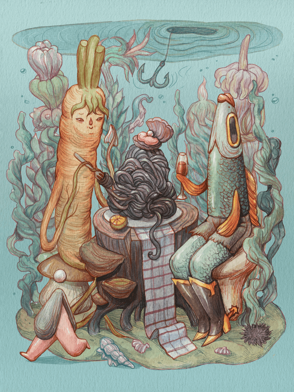 Image of a carrot and fish sharing a meal of squid ink pasta underwater in a kelp forest.