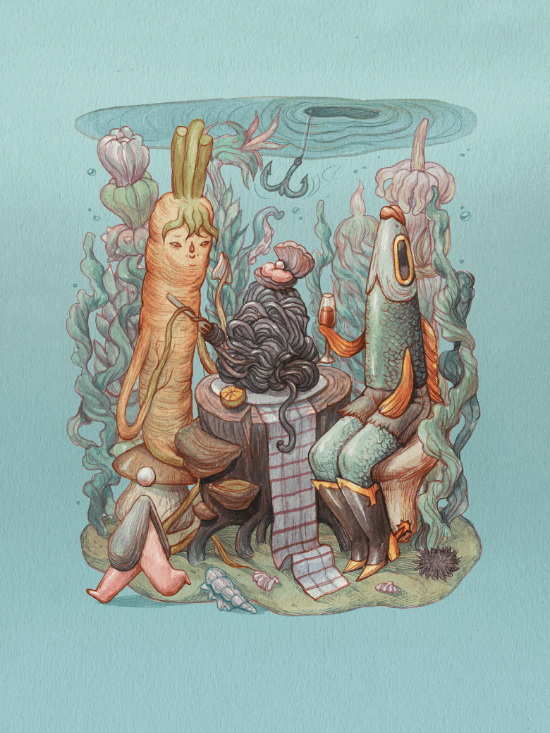 Image of a carrot and fish sharing a meal of squid ink pasta underwater in a kelp forest.