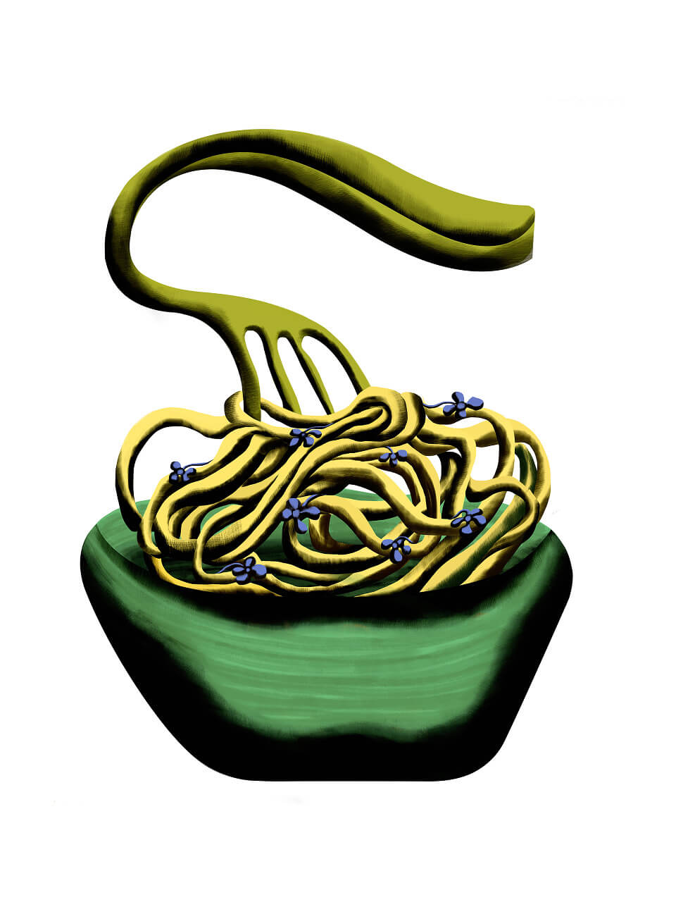 Semi-abstract illustration of a lime green fork in a green bowl of yellow spaghetti with flowers
