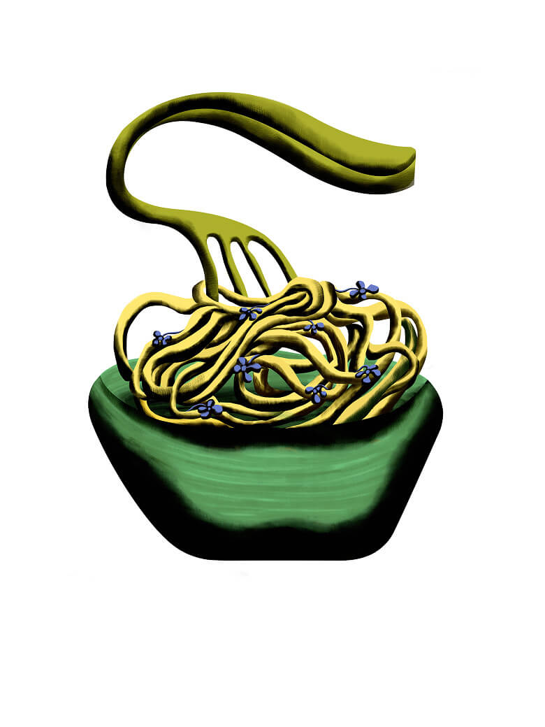 Semi-abstract illustration of a lime green fork in a green bowl of yellow spaghetti with flowers