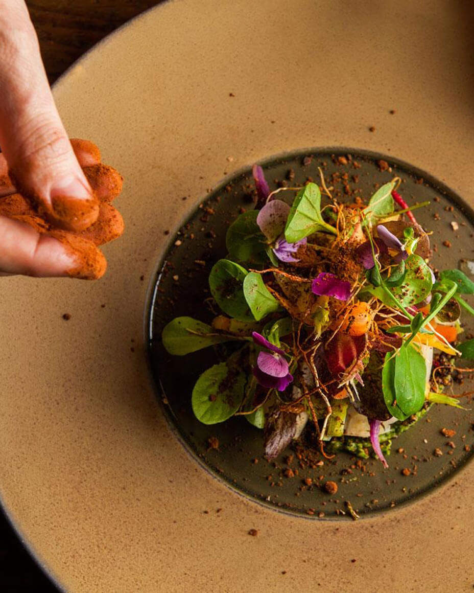 Hand with fingertips pigmented with spices above vibrant plated dish