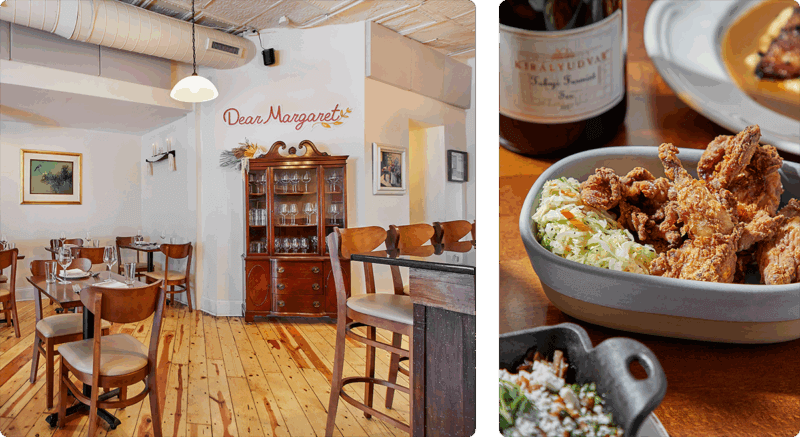 Two images side-by-side. A photo of the interior of Dear Margaret and a photo of a fried dish.