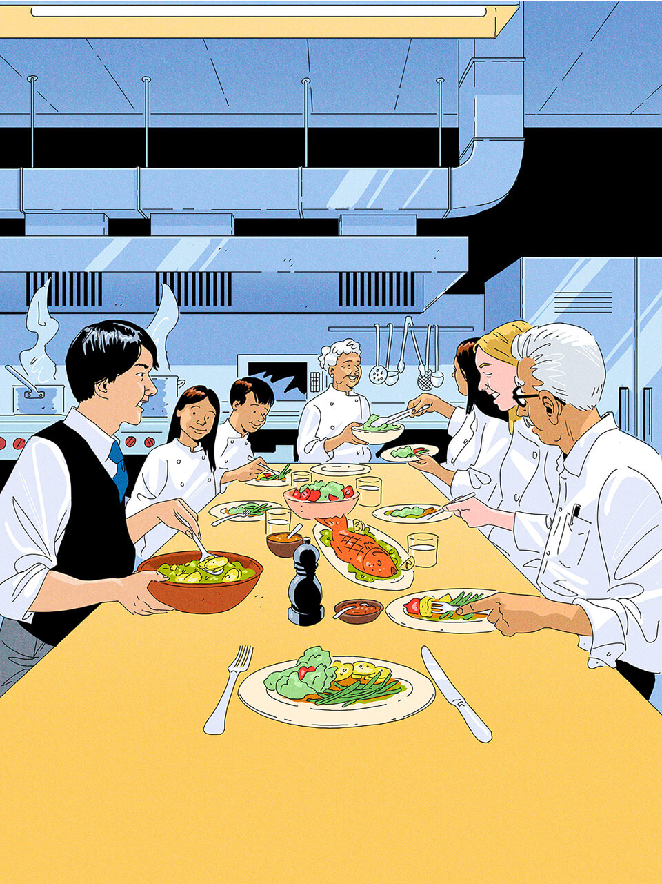 Illustration of staff at a restaurant having family mean inside the kitchen.