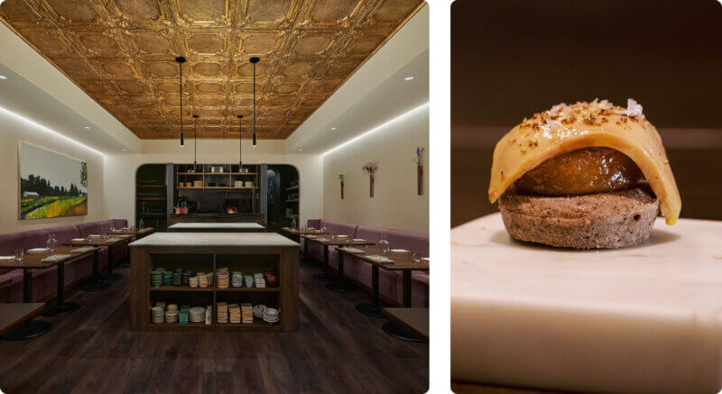 Two photos. On the left an interior photo of Feld and on the right a small plated dish.