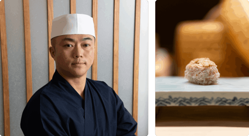 Two images. Left, headshot of Chef Shingo Akikuni. Right, piece of shredded seafood nigiri