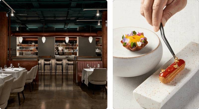 Left: Interior photo of INDIENNE's dining room. Right: Two small plated dishes and hands plating gold leaf with tweazers onto one dish
