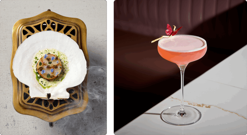 Left: Scallop on ornate gold grill. Right: Pink drink in a coupe garnished with a butterfly on a twig
