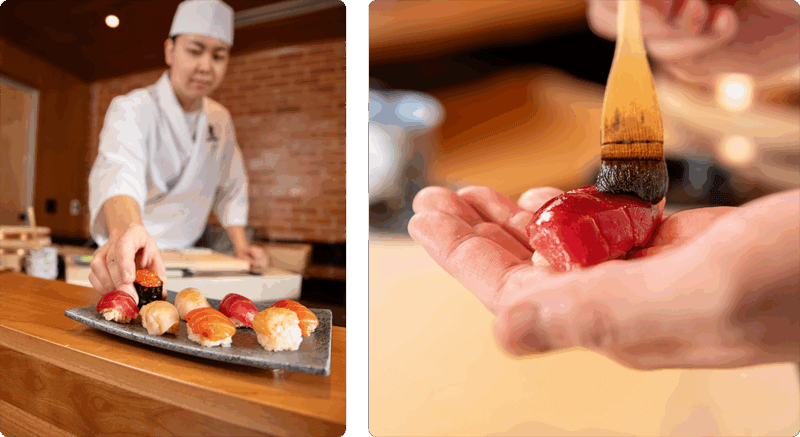 Left: Chef Yoji Ishii plating nigiri; Right: Hands brushing piece of nigiri