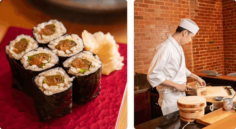 Left: 6 pieces of maki on a red plate; Right: Chef Yoji Ishii prepping fish for service