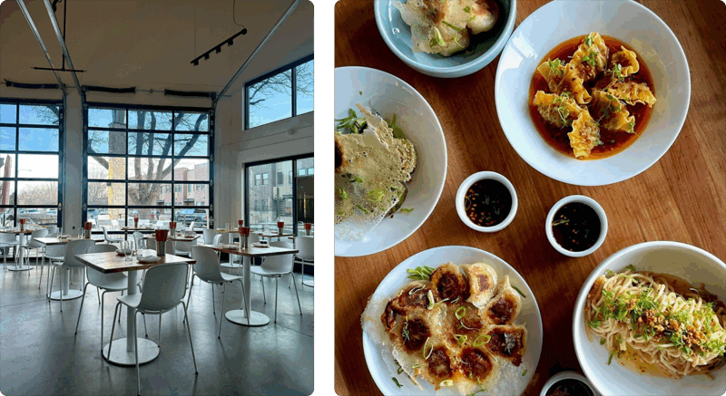 Left: Interior photo of Yuan Wonton; Right: Overhead photo of plated food spread