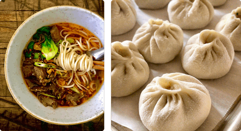 Left: Bowl of noodles, beef, and greens in broth; Right: Prepped dumplings on sheet tray