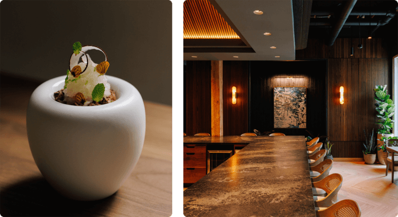 Left: Closeup of fine dining dish with edible flowers, Right: Interior photo of Emelina