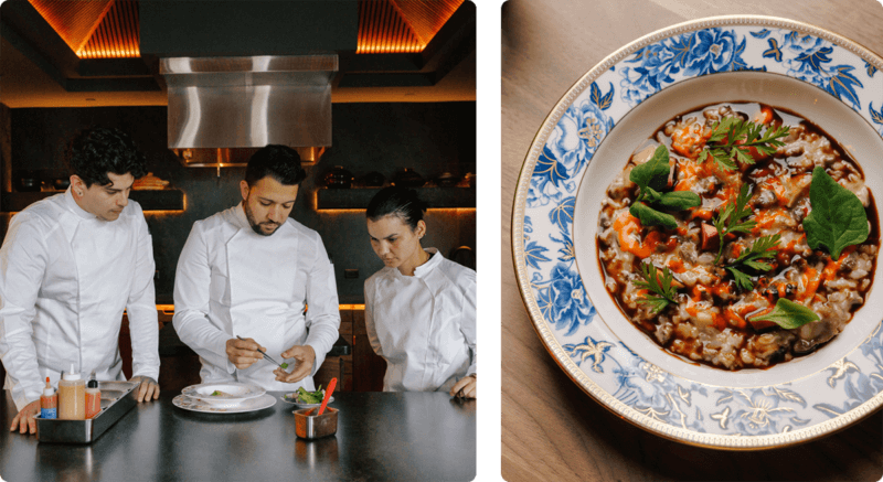 Left: Chefs at Emelina prepping a dish, Right: Closeup of plated dish in ornate white and blue bowl