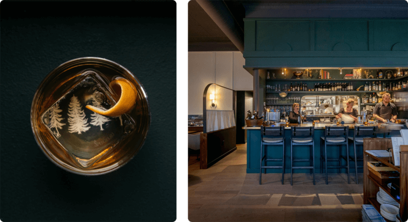 Left: Whiskey cocktail; Right: Bar at Bûcheron